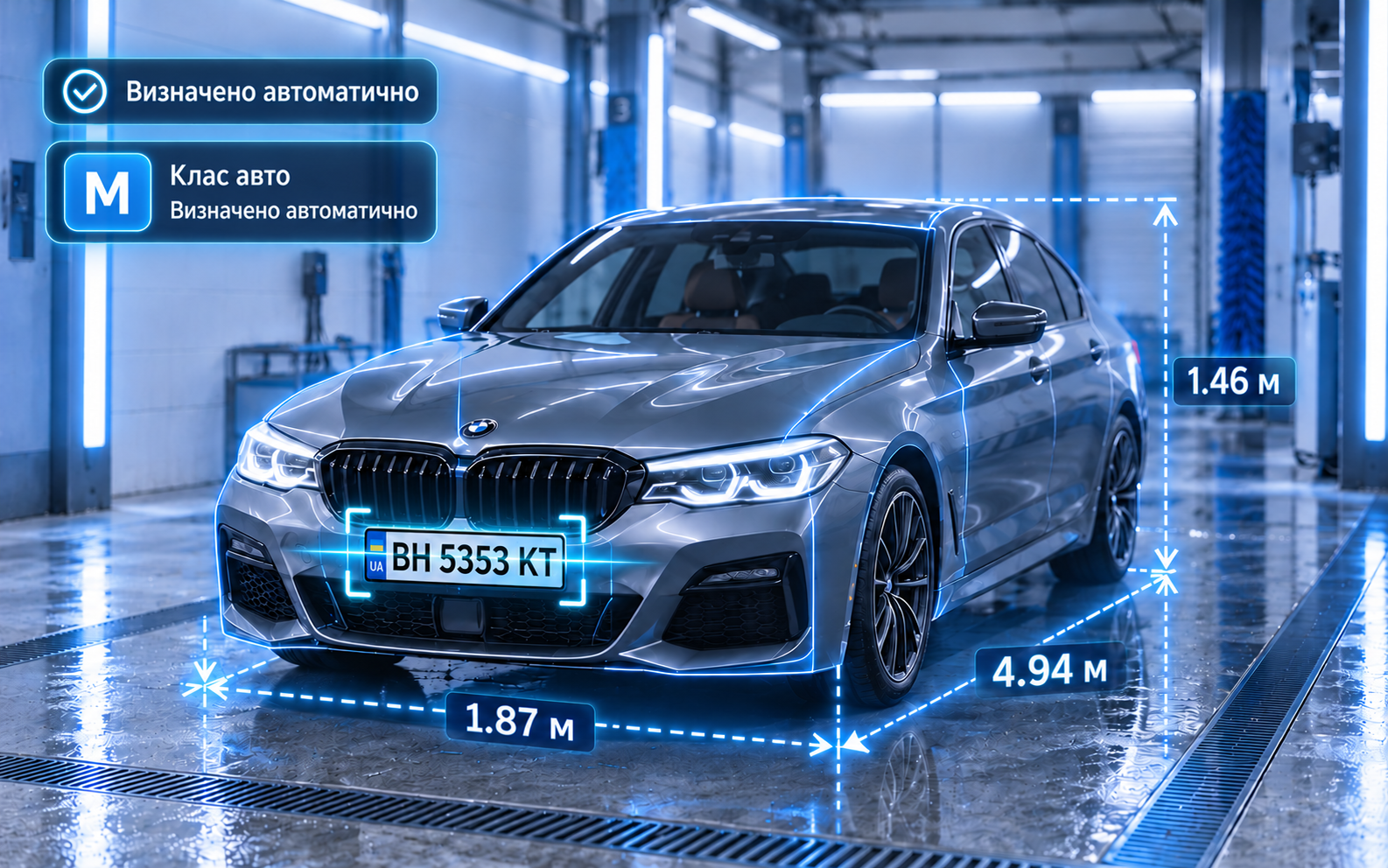 Сканування номера BH 5353 KT: автоматично визначений клас M, довжина 4,94 м, ширина 1,87 м і висота 1,46 м