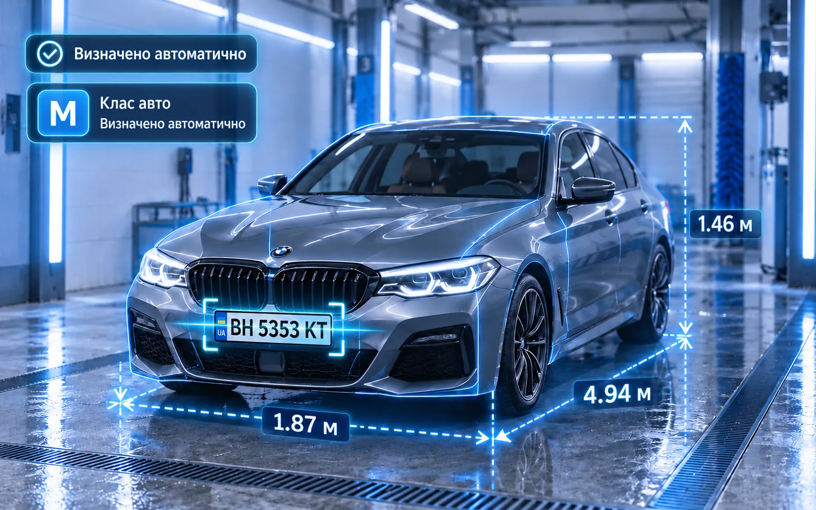 Сканування номера BH 5353 KT: автоматично визначений клас M, довжина 4,94 м, ширина 1,87 м і висота 1,46 м