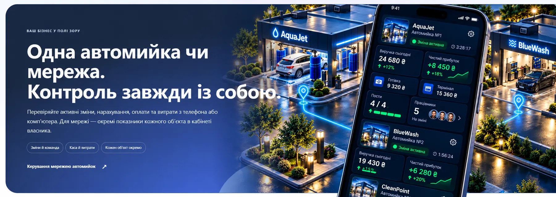Одна автомийка чи мережа. Контроль завжди із собою. Перевіряйте зміни, команду, касу та витрати кожного об’єкта з телефона або комп’ютера.