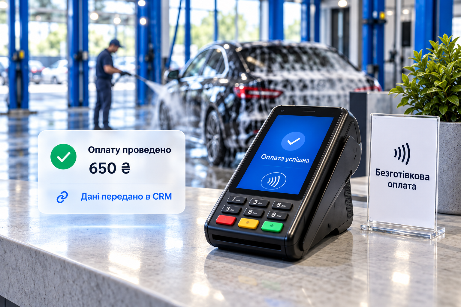 Ілюстрація інтеграції термінала з WashCRM: підтверджена безготівкова оплата та передача даних у CRM
