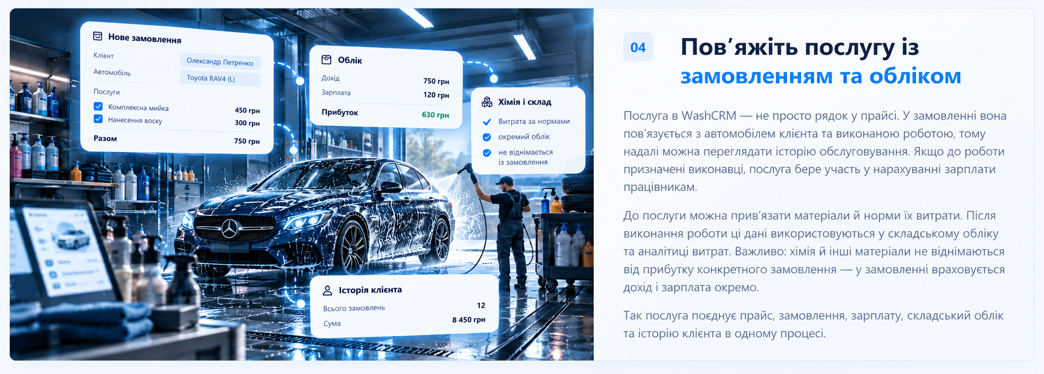 Зв’язок замовлення з обліком, матеріалами та історією клієнта у WashCRM