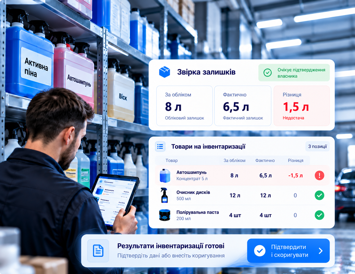 Інвентаризація складу WashCRM: звірка облікових і фактичних залишків та підтвердження коригування